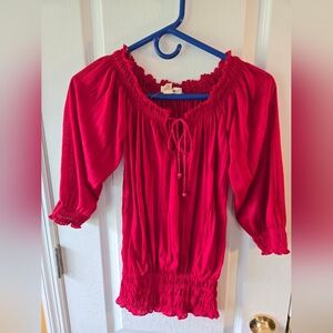 Red Smocked Ruched Blouse
